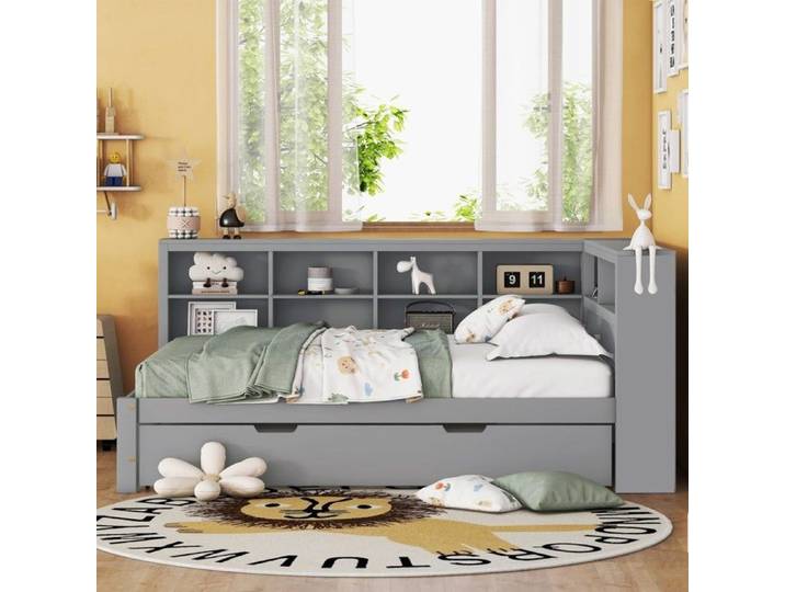Lit Double Canapé-lit 140x200 + lit gigogne 90x190 bois massif gris - USB rangements - Multifonction double -sans Matelas