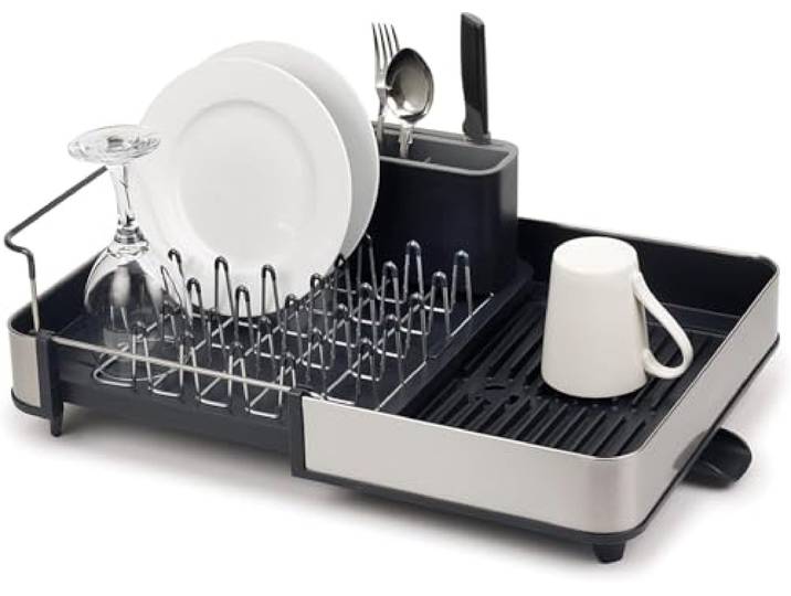 Joseph Joseph Séchoir à Vaisselle Extensible en Acier avec Compartiment à Couverts Amovible\, Bec D'Égouttage Pivotant - Gris/Acier