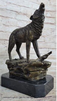 Bronzhaus Signed Original Art Howling Wolf To The Moon Bronze Sculpture Marble Base Statue