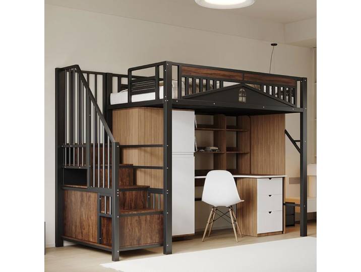 Lit mezzanine Métal 90x200 cm structure sécurité échelle avec casier Noir