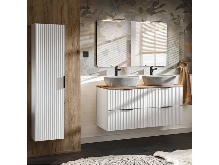 Ensemble meuble double vasque 120cm et colonne Adriel Blanc et effet Pierre
