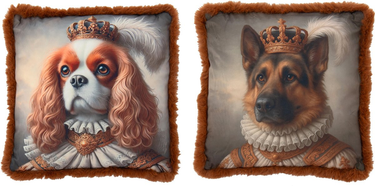J-Line kussens Hond + Kroon roestbruin polyester - 2 stuks