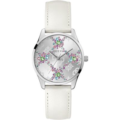 Quarzuhr GUESS "LUSTER", weiß, Armbanduhren, Damen, Quarzuhr, Armbanduhr, Damenuhr, Lederarmband, Mineralglas, analog