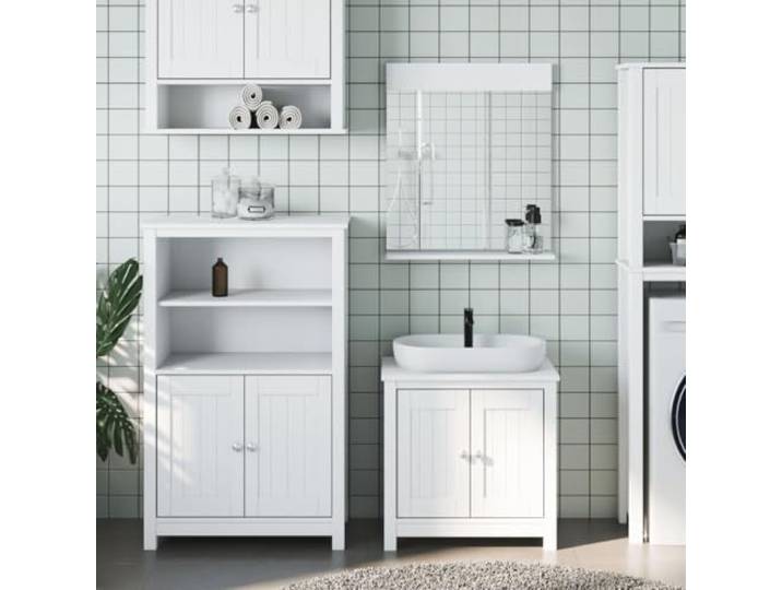 3-tlg. Badmöbel-Set BERG Weiß Massivholz Kiefer mit Spiegel und Schrank Massivholz Kiefer, weiße Oberfläche, Wandmontage spart Bodenfläche, UV-Lackierung, wasserbeständig, viel Stauraum