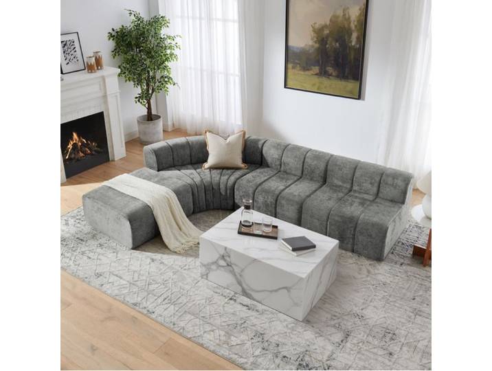 Canapé d'angle modulaire 4 places avec modules librement combinables et module sans dossier multifonction en chenille gris