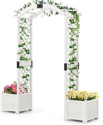 Costway Wooden Garden Arbor with Planter and Trellis for Climbing Plants Decorations-White
