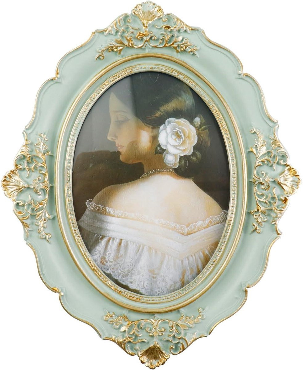 Antieke ovale fotolijst met retro houtsnijwerk in het groen, 5x7 inch