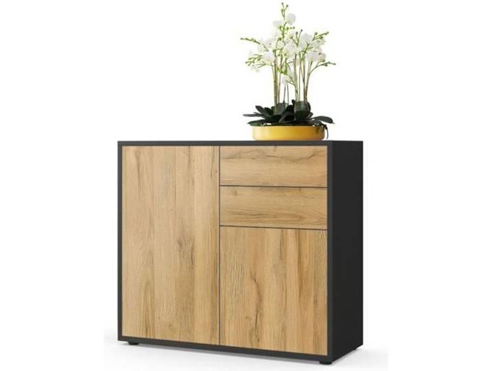 Vladon Commode Buffet Ben Corps en Noir mat - Façades en Chêne Nature