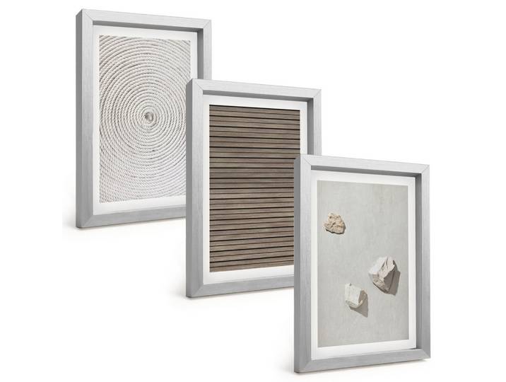 BILDER SET 3er Set - 20x30 cm Silberner Rahmen - Natürliche Texturen Holz Stein