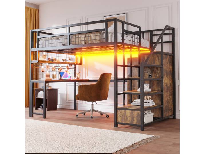 Lit Adulte Mezzanine 140x200 Métal Rangement Bureau Noir Havrya