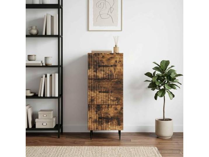 HPUYRFG Schubladenschrank in Geräucherter Eiche 33 x 34,5 x 89,5 cm Geräucherte Eiche, Holzwerkstoff, schwarze Pfostenbeine, Stangengriffe, mehrere Schubladen, Vintage-Stil, Wohnzimmer, Büro