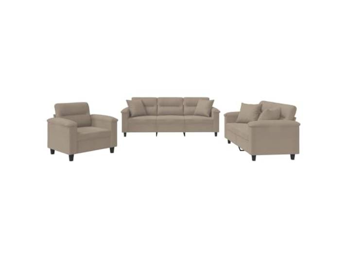Coespram 3-tlg Sofagarnitur mit Kissen Taupe Mikrofaser Elegante Sitzgruppe fürs Wohnzimmer mit 10 Zierkissen, dicker Schaumstoffpolsterung und Metallgestell.