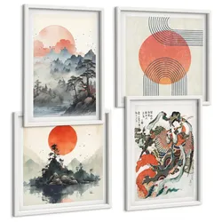 BILDER SET 4er Set - 50x50 cm & 40x60 cm Weißer Rahmen - Asiatische Landschaften Japandi