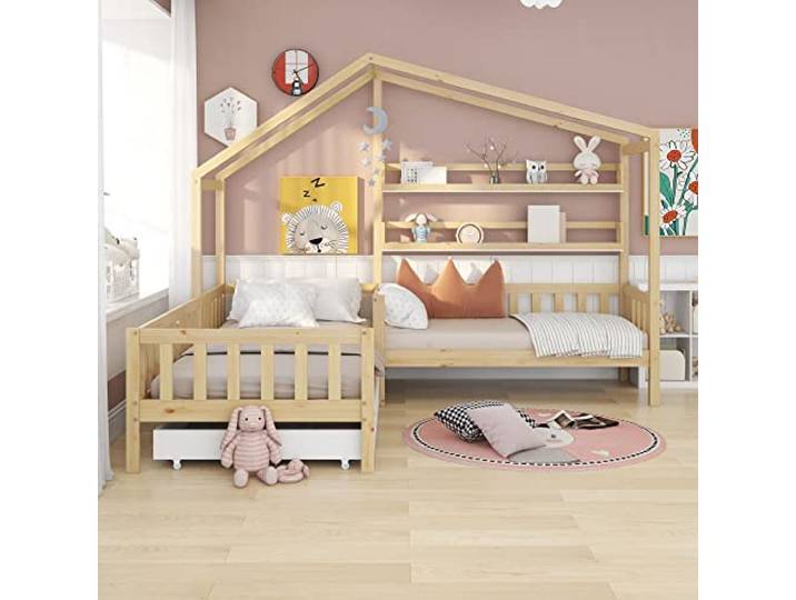 Moimhear Kinderbett Hausbett mit Schubladen und Regalen, Massivholz mit Zaun und Lattenrost, L-Struktur, Natur (90x200 cm+140x70cm)