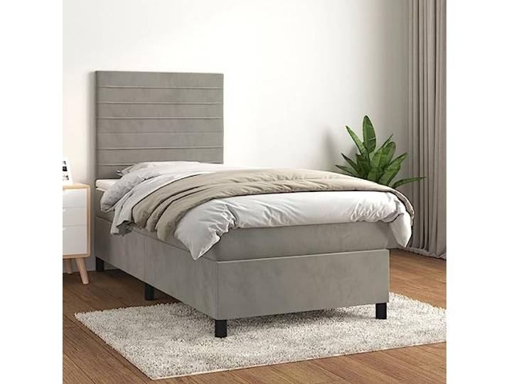 RJPLMFV Samtbett, 90 x 190 cm, hellgrau, mit verstellbarem Kopfteil Matratze mit Taschenfedern, mittlere Unterstützung, weicher Matratzenschoner, langlebig