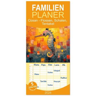 Familienplaner 2026 - Ozean - Flossen, Schalen, Tentakel mit 5 Spalten (Wandkalender, 21 x 45 cm) CALVENDO