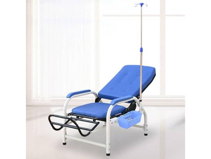 Reclining Medical Chair with IV Stand for Blood Draw & Patient Waiting(Full-lying With Black Footrests)