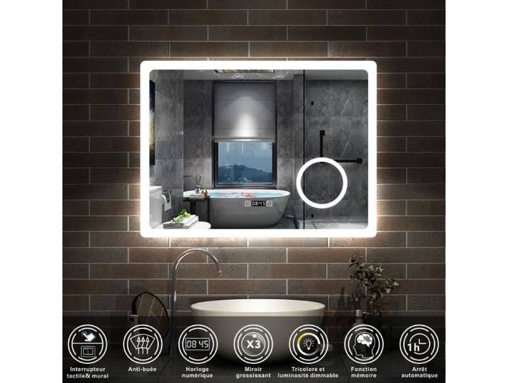 AICA Miroir de salle de bain anti-buée avec horloge blanc froid chaud neutre tactile mural miroir 80x60cm