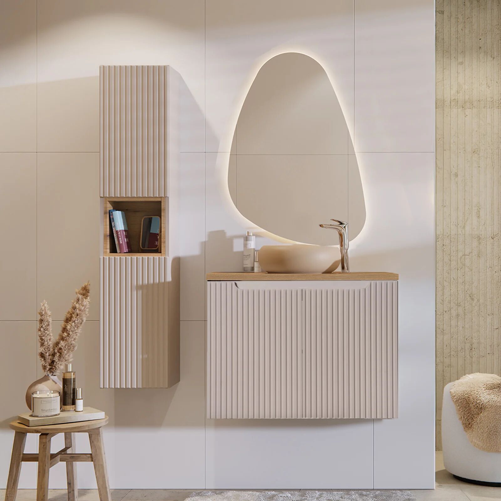 garneroarredamenti Mobile bagno sospeso cannettato 80cm con lavabo e colonna beige rovere Cleany