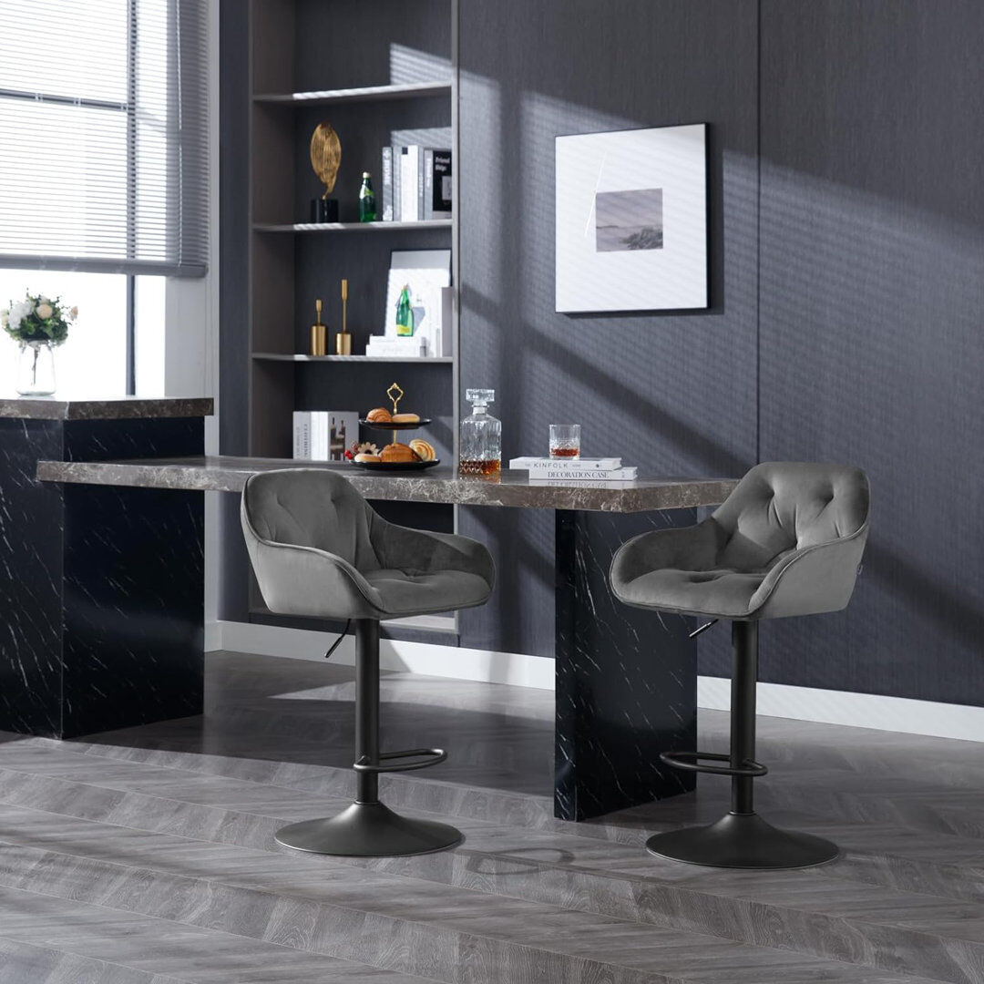 George Oliver Novi Swivel Upholstered Velvet Adjustable Height Bar Stool Grey 45cm W X 45cm D