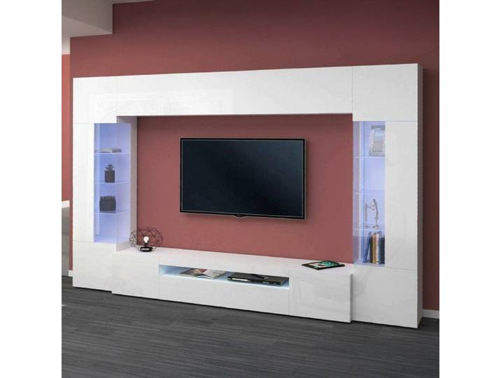 Dmora - Meuble haut Arga 290x40xh191 cm Blanc brillant Panneau effet bois