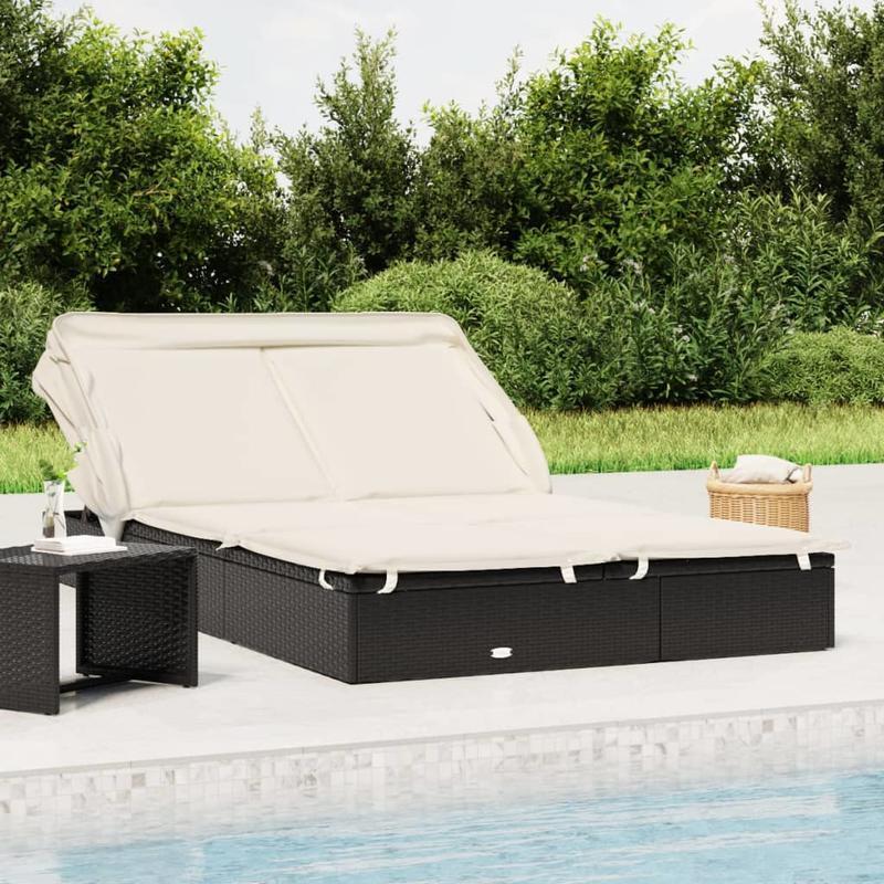 Gartenlounge-Liegebett - Zweipersonen-Liegebett mit Dach - Klappbar, aus Poly-Rattan und Holz - 213 x 118 x 97 cm