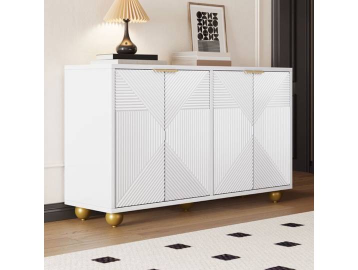 Buffet Vintage 4 Portes Motif Bois Gravée - 120x35x71.5 cm - Rangement Étagères Réglables Blanc
