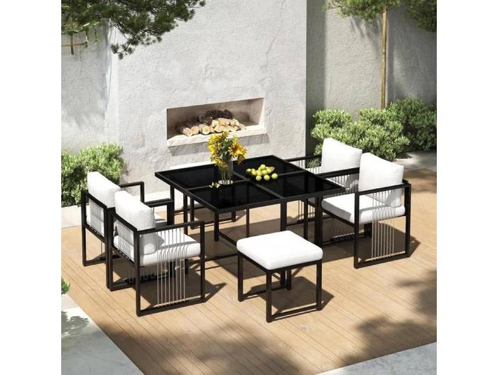 Ensemble jardin - KOMHTOM - 7 pièces (6 places) - Table verre trempé - Cadre en fer - Corde tressée