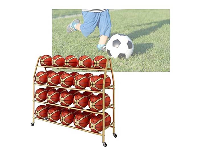 Aufbewahrung Regal 4-stöckiges Basketball-Aufbewahrung Mit Rädern Ballwagen Stehender Ballhalter Aufbewahrungsregal Sportausrüstung Organizer Für Volleyball Fußball(Gold,140CM)