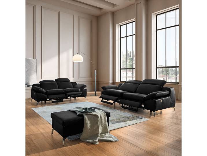 3-Sitzer Sofa Schwarz Echtleder Domna 234 x 83 x 110cm Kopfstütze verstellbar/Armlehne verstellbar/Relaxfunktion Chrom glänzend Modern