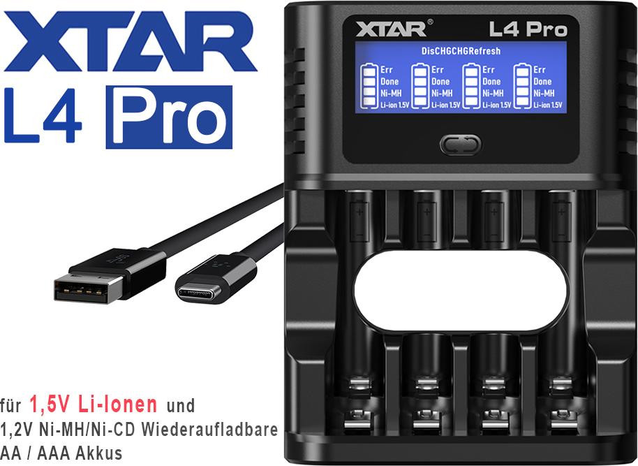 XTAR L4 Pro batterijlader voor 1,5V Li-Ion en 1,2V NiMH/NiCd AA/AAA-batterijen