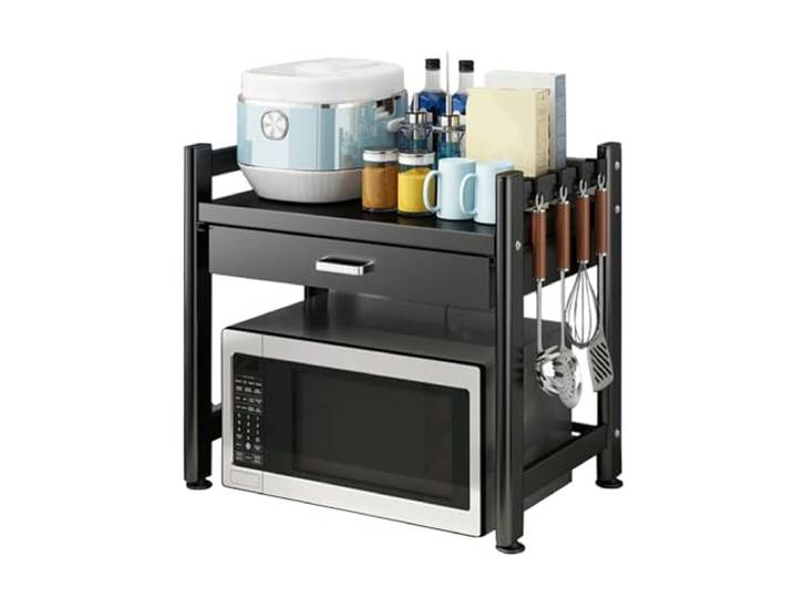 Schwarzes Arbeitsplatten-Mikrowellenregal mit Haken, Küchenregal aus Metall