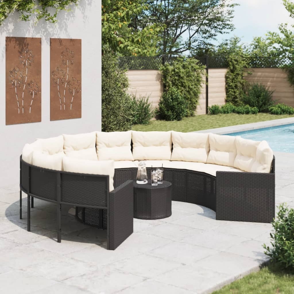 Maison Exclusive - Gartensofa mit Tisch und Kissen Rund Schwarz Poly-Rattan
