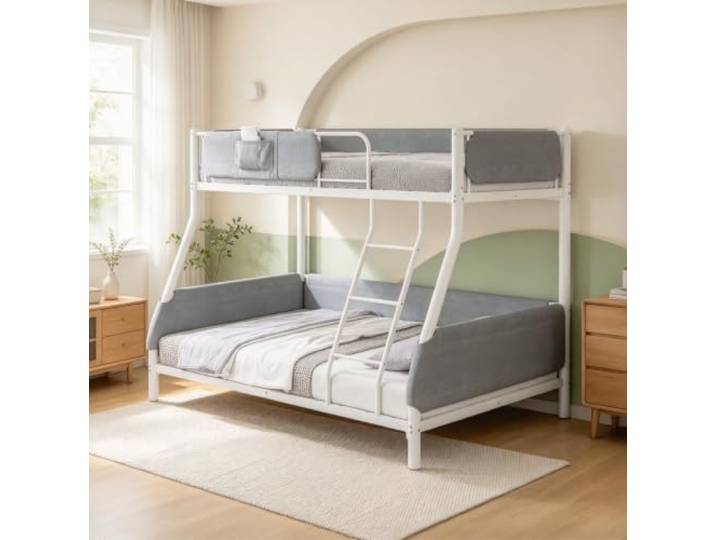 Bellemave Etagenbett Metall 90x190/140x190,Abnehmbarer Leinentasche,Weiß Jugendbett,gepolsterte Geländer,platzsparend,mit Treppe,für Kinder und Familie,mit Lattenrost,ohne Matratze
