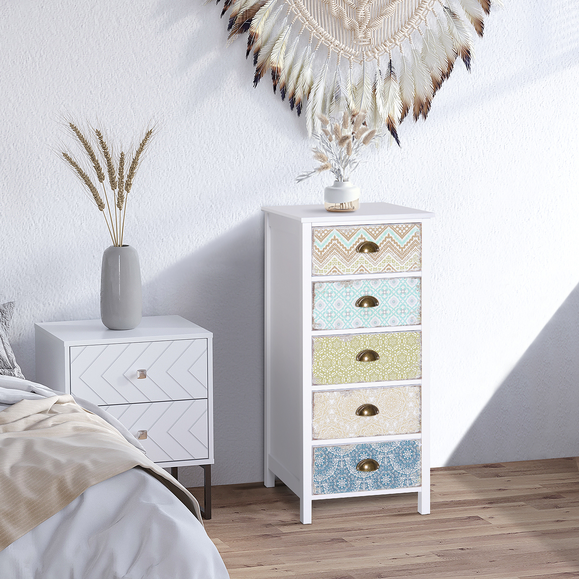 Homcom Cassettiera Mobiletto Vintage con 5 Cassetti Fantasia, per Bagno, Ingresso, Camera, Bianco 46x34x97.5cm Aosom