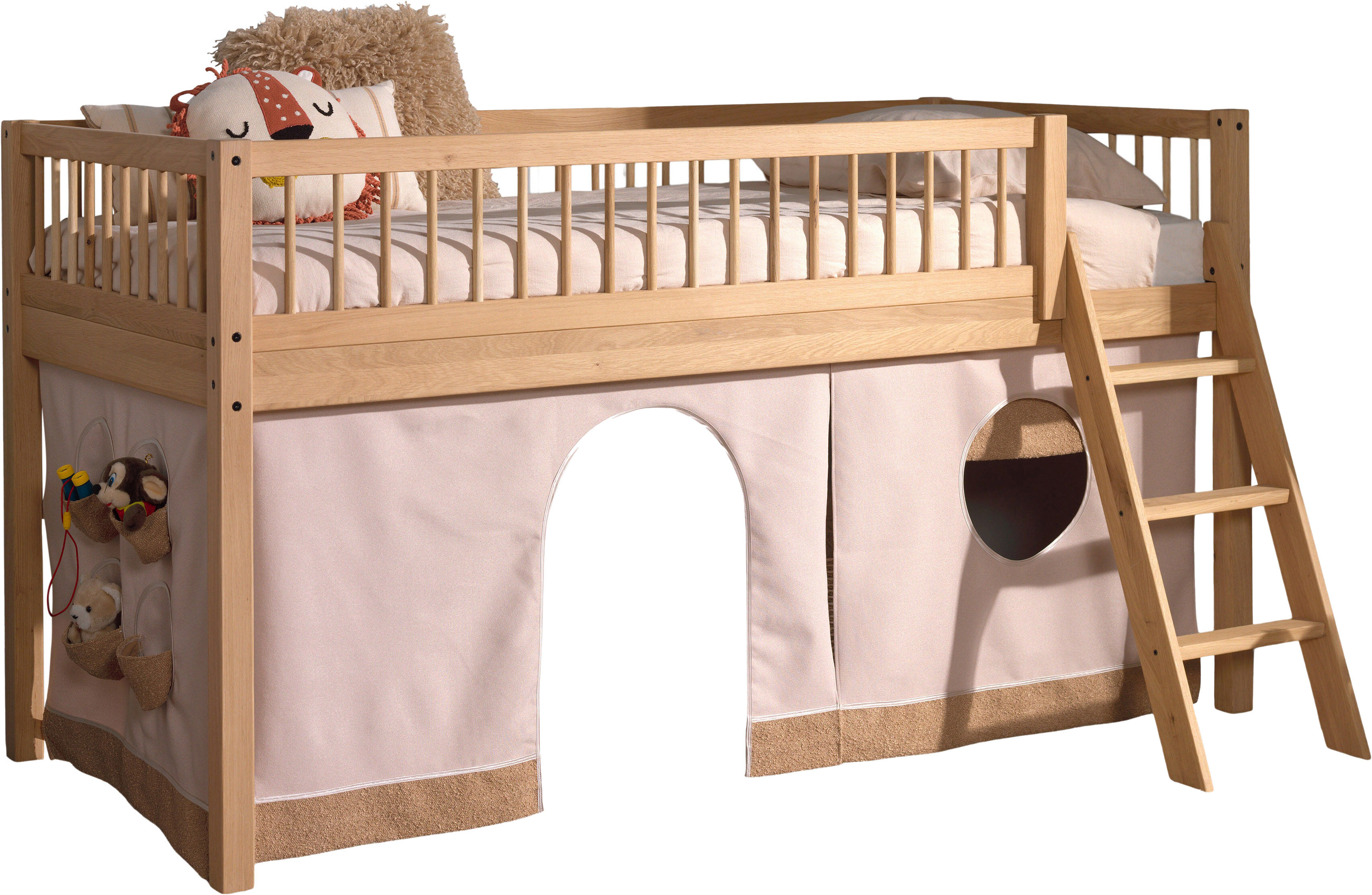 Spielbett VIPACK, braun (eiche natur geölt, eiche natur geölt, eiche natur geölt), B:135,5cm H:114cm L:207,5cm, Textil-Set Vorhang 100% Baumwolle, Betten, Spielbett, aus Eiche geölt, LF 90x2000cm, RR, Leiter, Vorhang u. Absturzschutz eiche natur geölt, ei