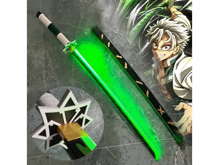 Katana Demon Slayer Lumineuse de 40 pouces en Bois, Réplique Shinazugawa, Épée d'Anime Cosplay Taille Réelle, Katana Japonais Samouraï, Sabre Laser LED Jouet
