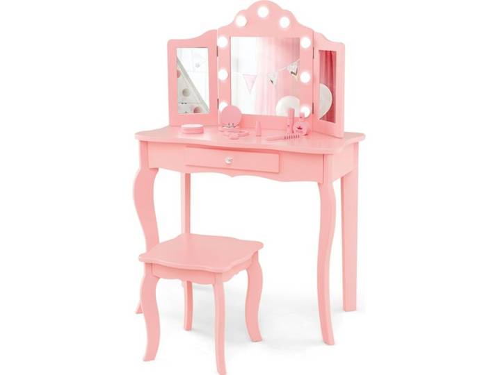 Coiffeuse Enfant - DREAMADE - 9 Lumières LED - Eclairage à 3 Couleurs - Miroir Tripliant Pliant - Charge 30KG - 3+ Ans - Rose