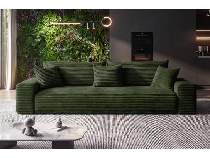 SOFILAND Cordo Schlafsofa 265×150 cm mit Bettkasten – Cord Sofa TILIA Breitcord, SoftTouch Komfort, 3-Sitzer Couch, abnehmbare Kissen, Easy Clean & Pet Friendly (unkelgrün)