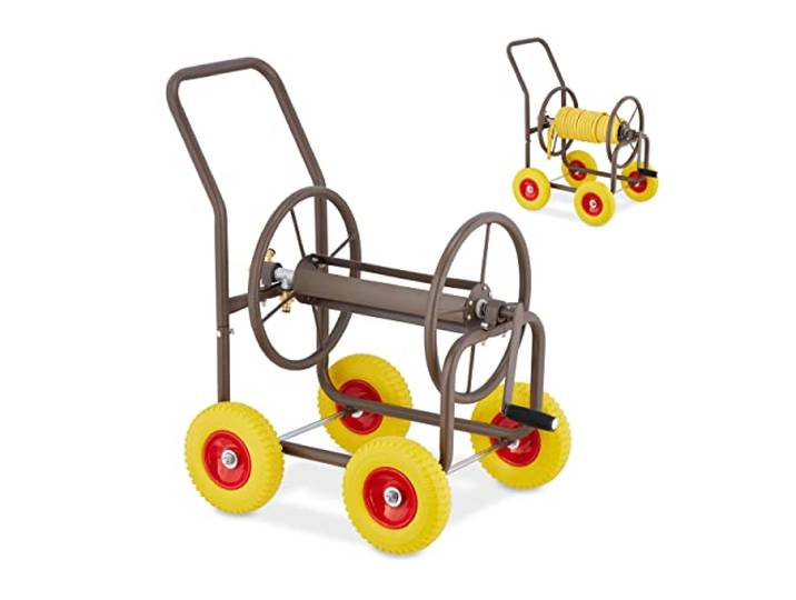 Relaxdays Schlauchwagen, bis 60 m, 4 Vollgummireifen, Klickkupplung, braun Schlauchtrommel Metall, Schlauchabroller