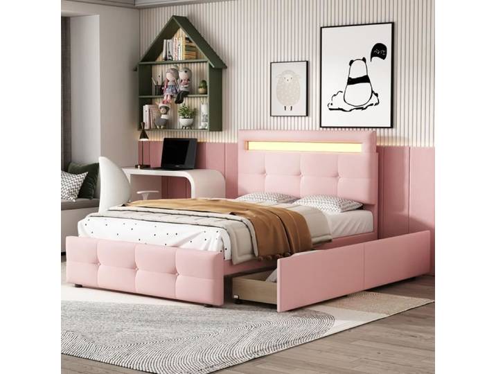 Lit avec tiroirs Lit rembourré Lit 90x200 cm avec lampes LED 2 tiroirs lit simple rose