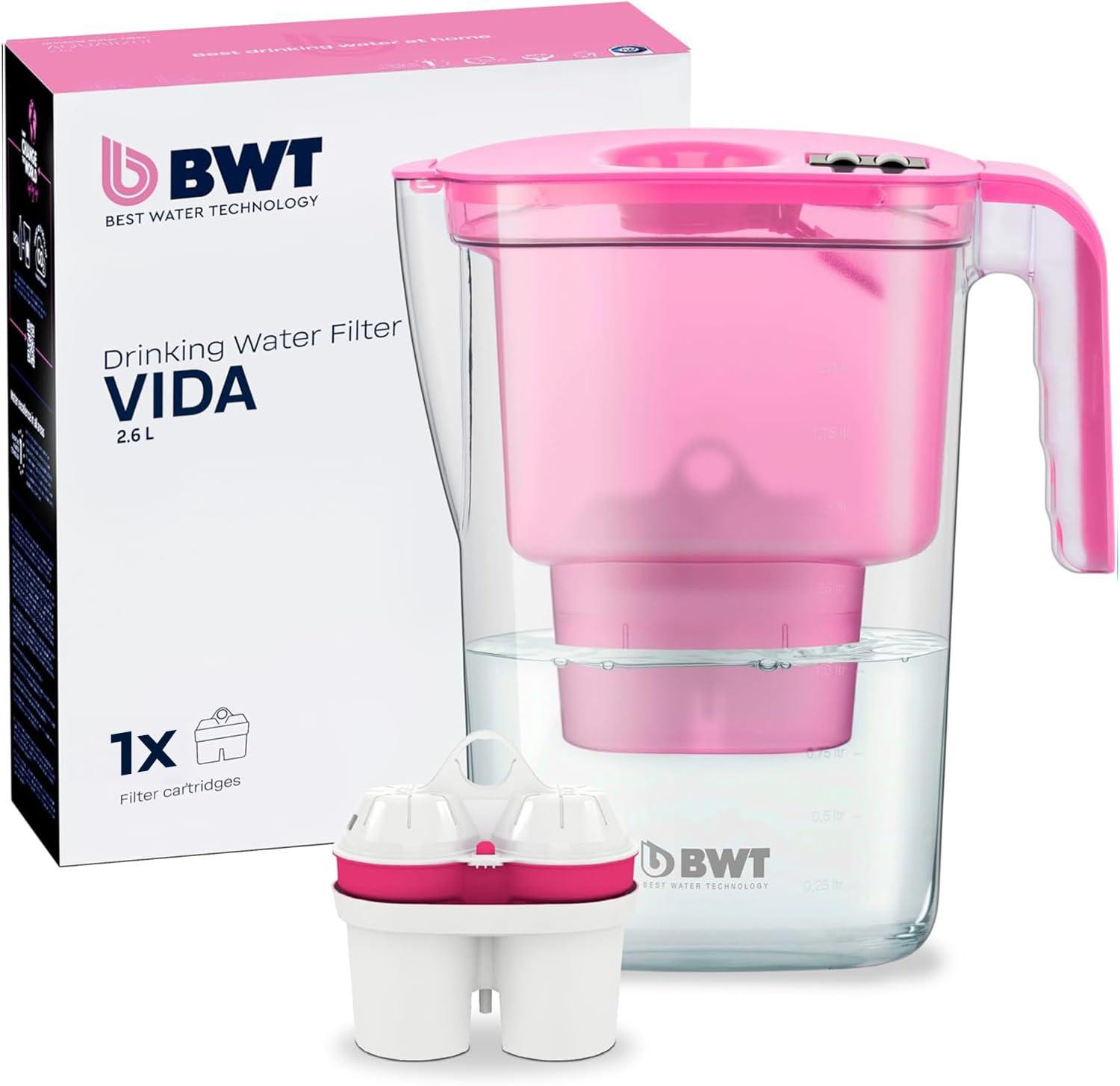 BWT Vida waterfilterkan, 2,6 liter, roze, transparant