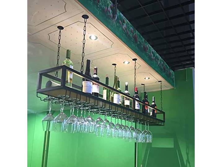 DSVONAUS Deckenregal Weinregal mit Glashalter, Hängend Metall Weinflaschenhalter, Industrielle Decke Weinregal Höhenverstellbar, Decke Dekoration Regal für Bars, Restaurants, Küchen (140×25×100cm)