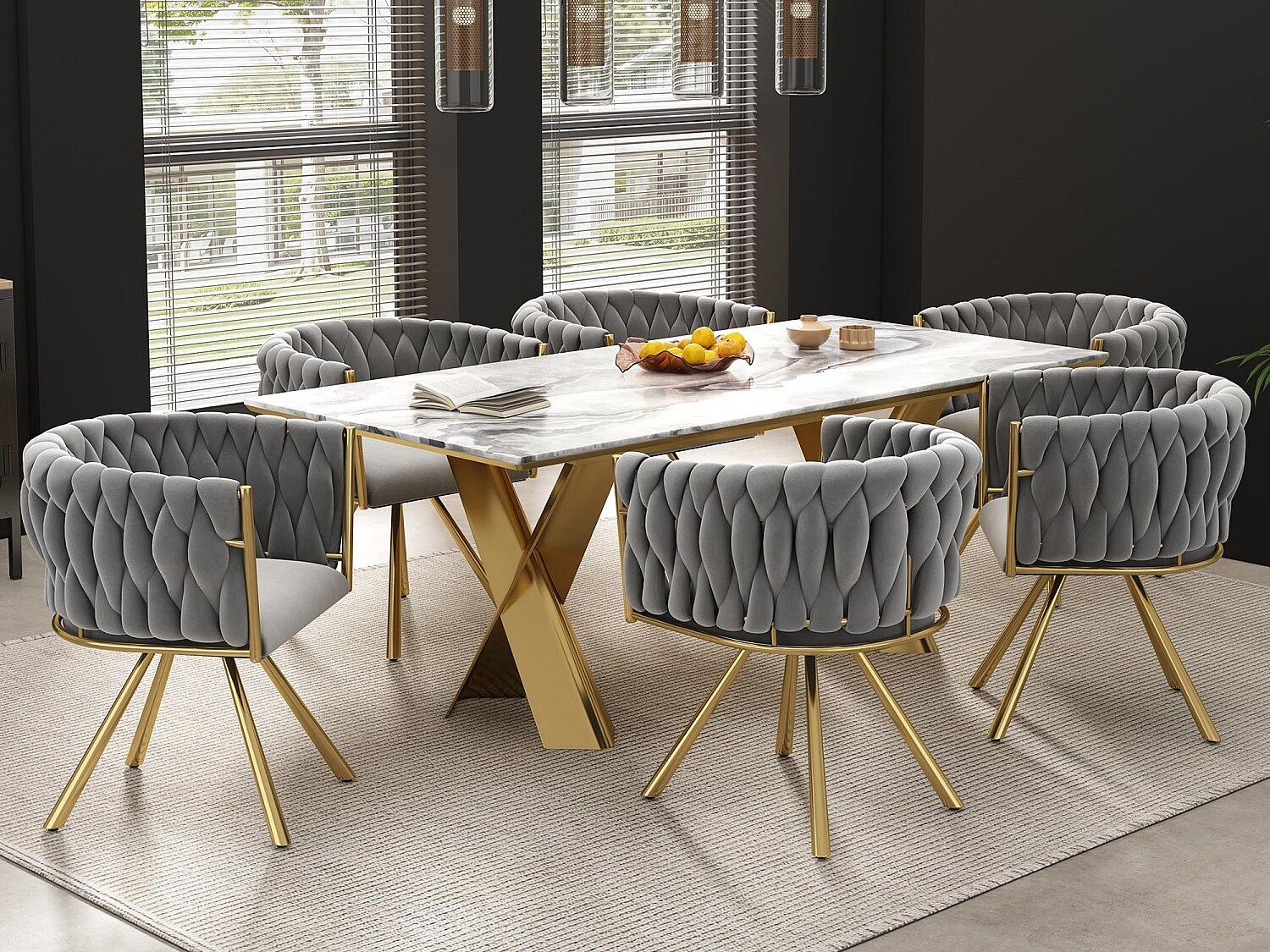 ModernLuxe Set van 6 fluwelen draaistoelen met armleuningen - goud metalen poten - Grijs