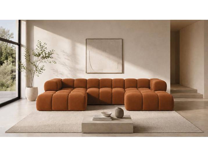Kaiser Möbel Ecksofa U-Form, Veloursstoff Bluvel, Zimtfarbe, Averro U