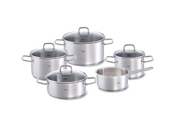 Fissler, Viseo Topfset 5-teilig, Edelstahl, 3 Kochtöpfe & Bratentopf mit Glasdeckeln, Stielkasserolle ohne Deckel, Induktion