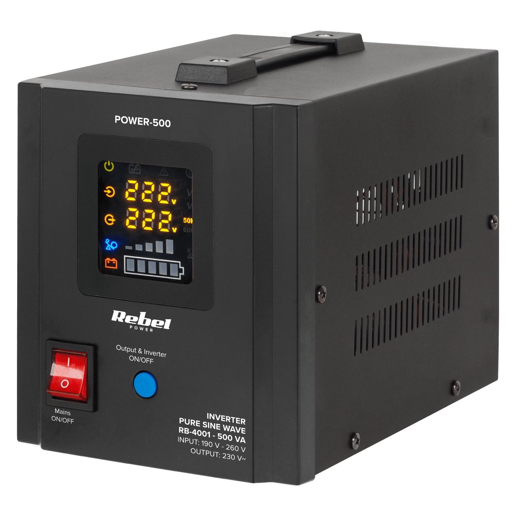 Rebel Notstromversorgung POWER-500 - Wechselrichter mit reiner Sinuswelle und Ladefunktion 12V 230V 500VA/ (500 VA, 300 W) (RB-4001)