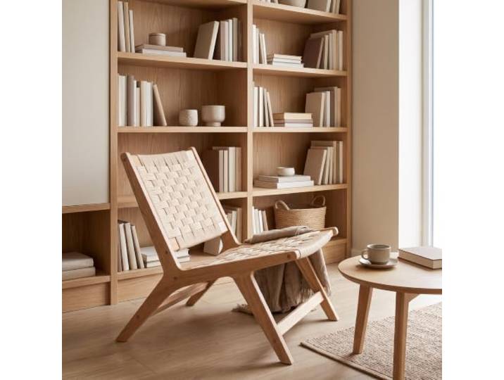 LIMHOME Loungesessel ZSH003 aus Eichenholz in Natur mit Kreuzgeflecht an Sitz und Rücken, niedriger Sessel für das Wohnzimmer, Natur
