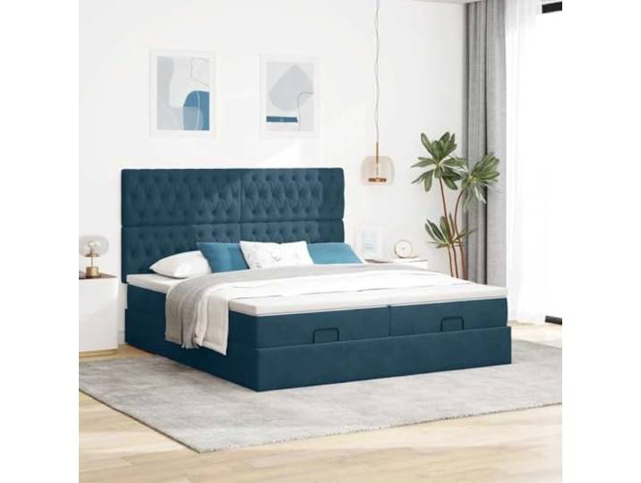 KTHLBRH Bett Pouf 160 x 200 cm Samt Dunkelblau Hydraulisches Heben, Taschenfederkernmatratzen inklusive, 2 Einzelbetten