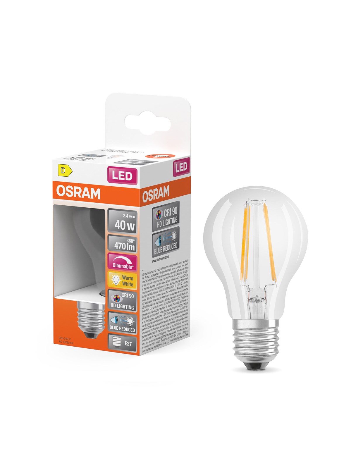 Osram LED-Lampe LED Comfort standard filament 470lm 3.4W/927 (40W) dimmable E27